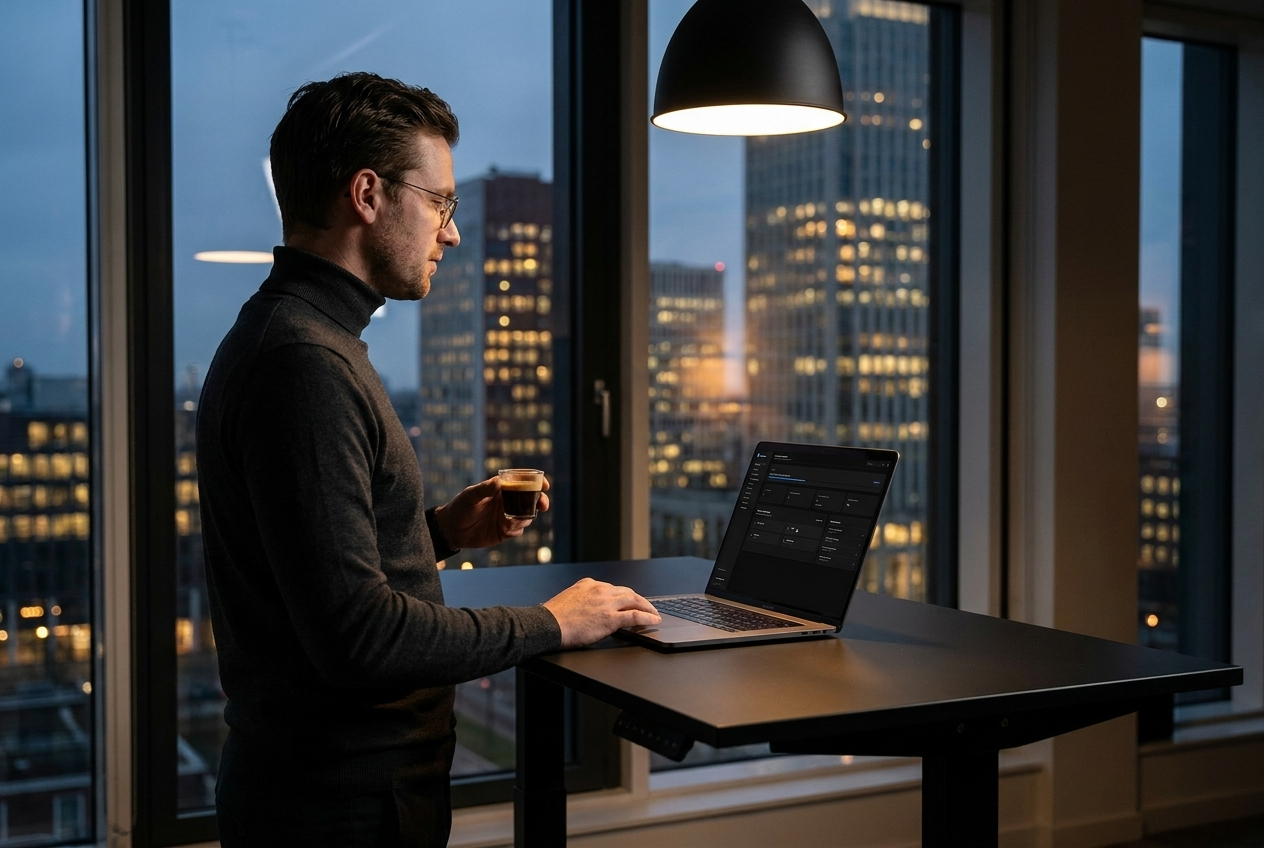 Agency-owner aan staande bureau met dashboard op MacBook