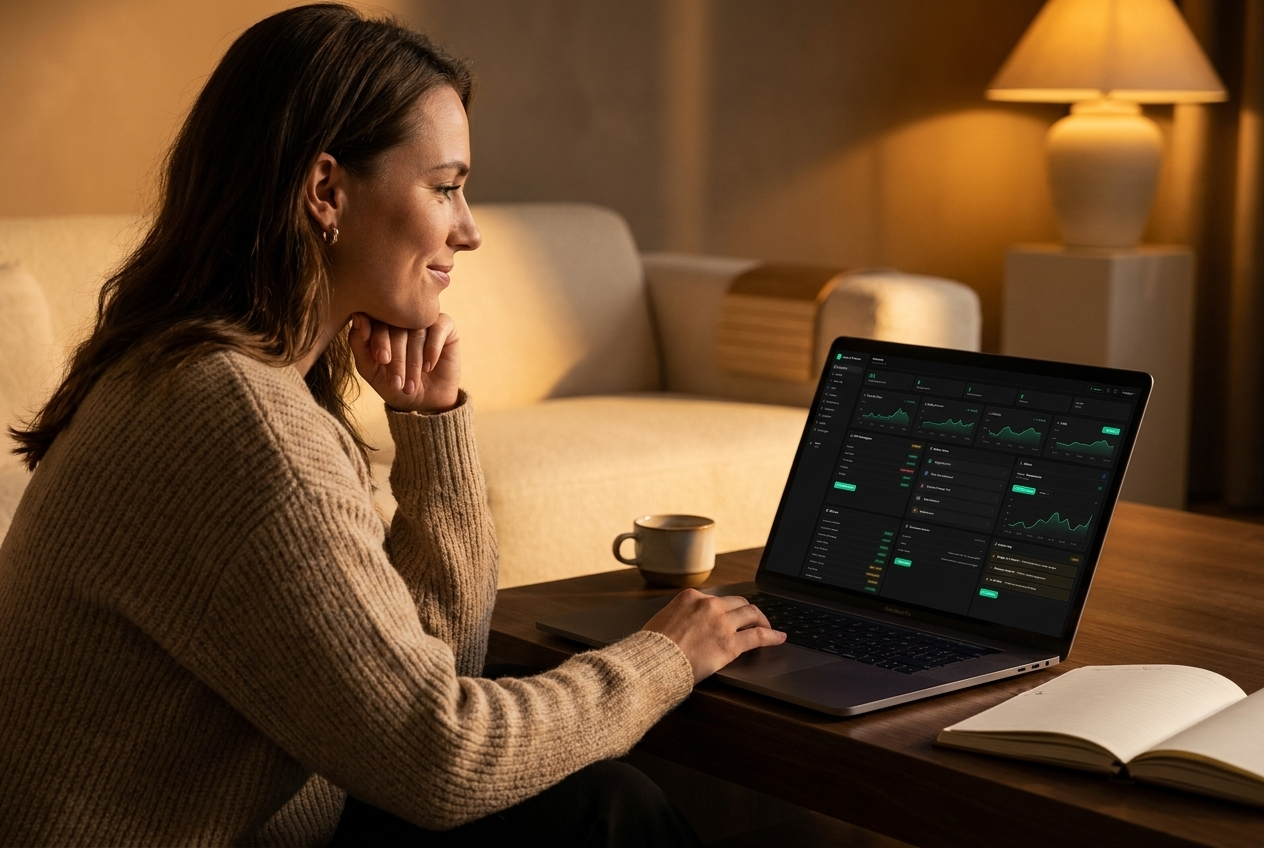 Ecom-founder bekijkt haar dashboard 's avonds vanaf de bank
