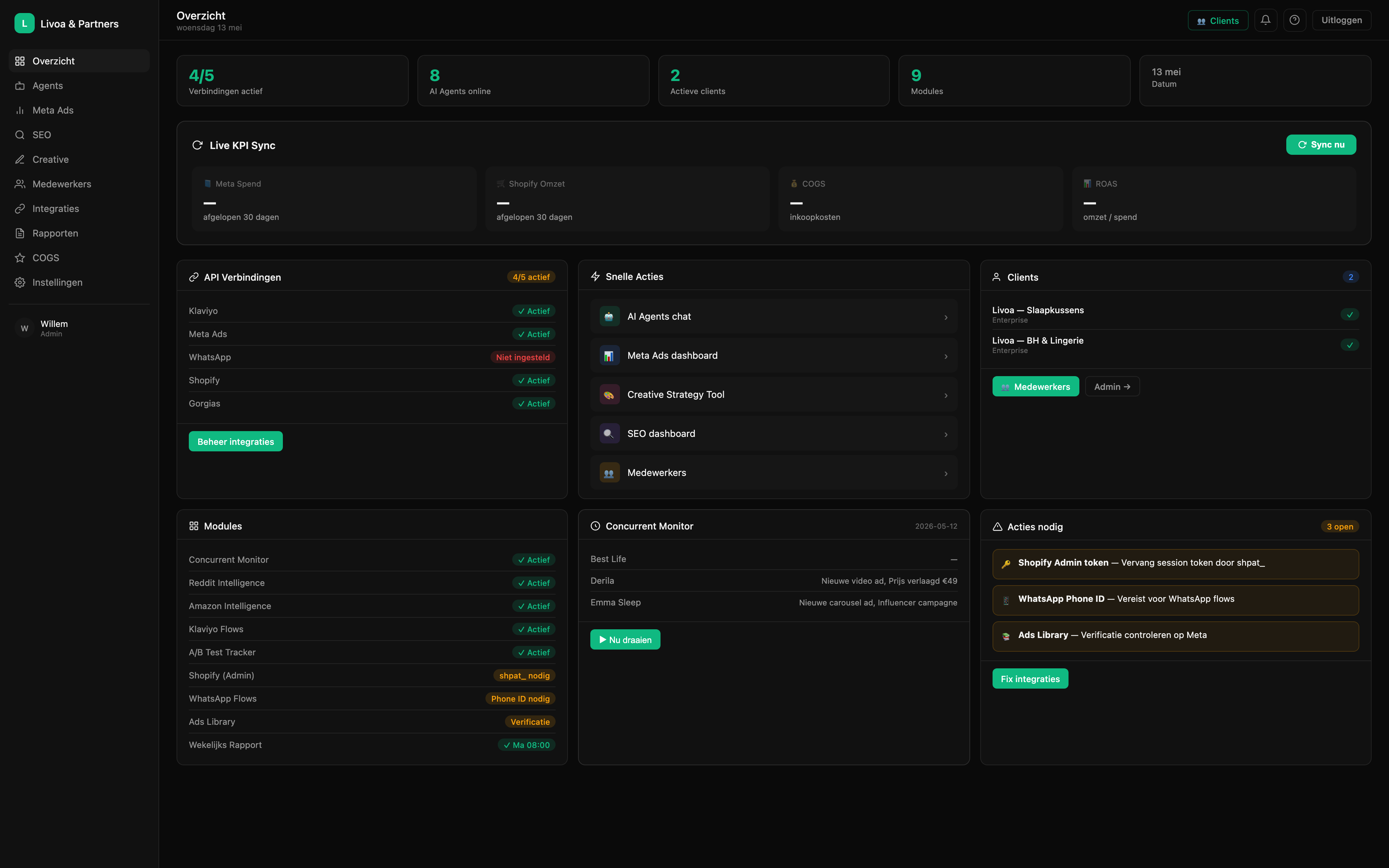 Ecom Dashboard — live overzicht met KPI's en acties