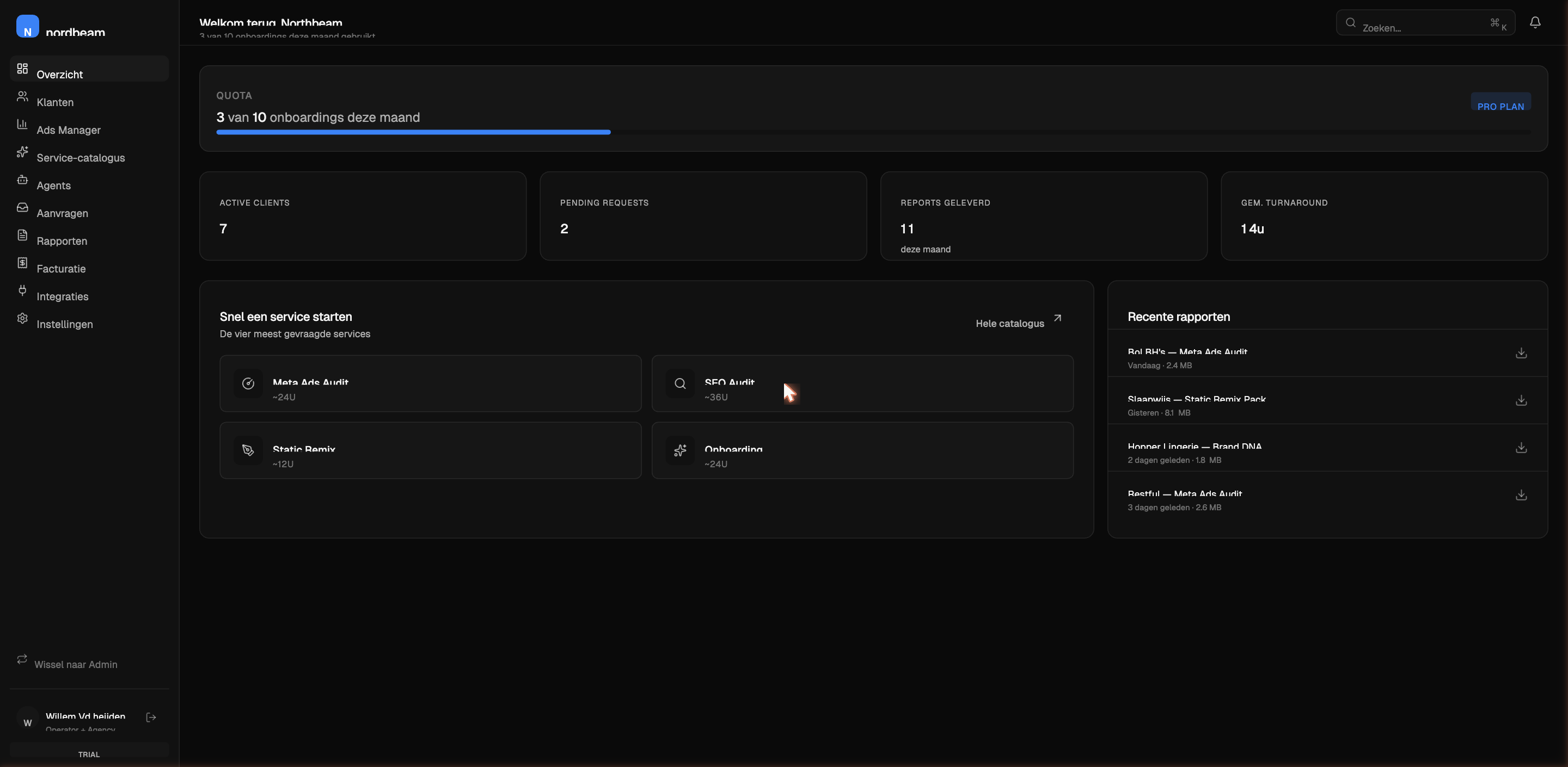 Fullscreen Agency Dashboard overzicht — quota, clients, KPI tiles